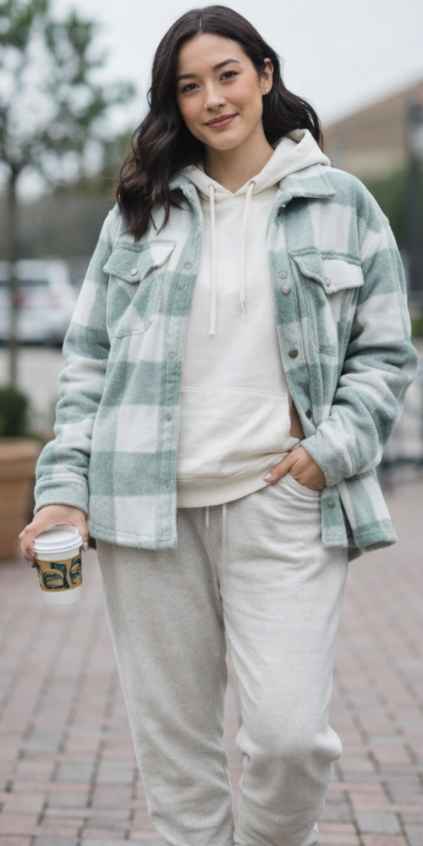 Green Plaid Sherpa-Lined Shacket with Pockets
