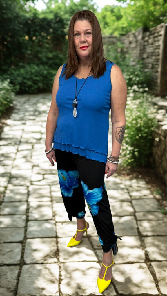 Front view of Canadian-made adjustable pants with elastic waist and tapered hem option