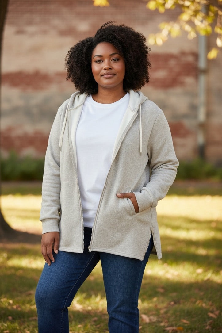 Ivory Heathered Sweatshirt Coat with Adjustable Sides