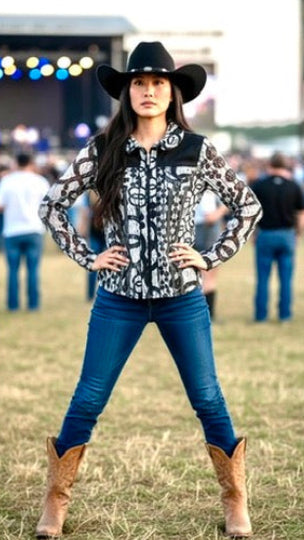 Country Chic Lace Mesh Shirt – Black & White Edition