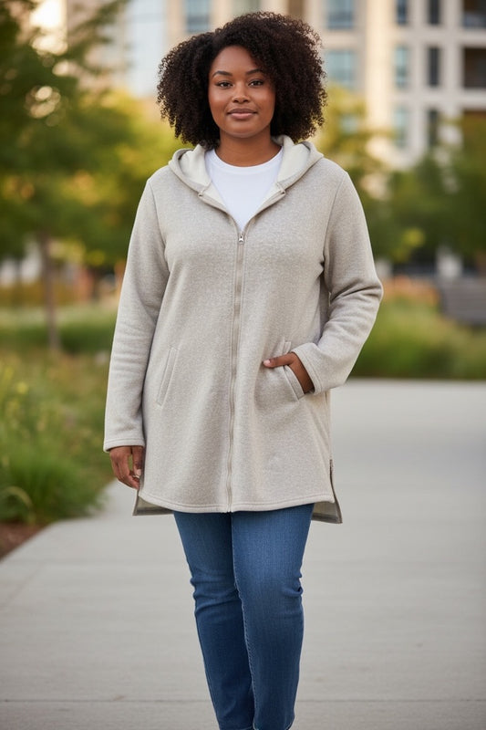 Ivory Heathered Sweatshirt Coat with Adjustable Sides
