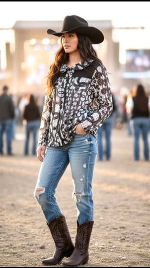 Country Chic Lace Mesh Shirt – Black & White Edition