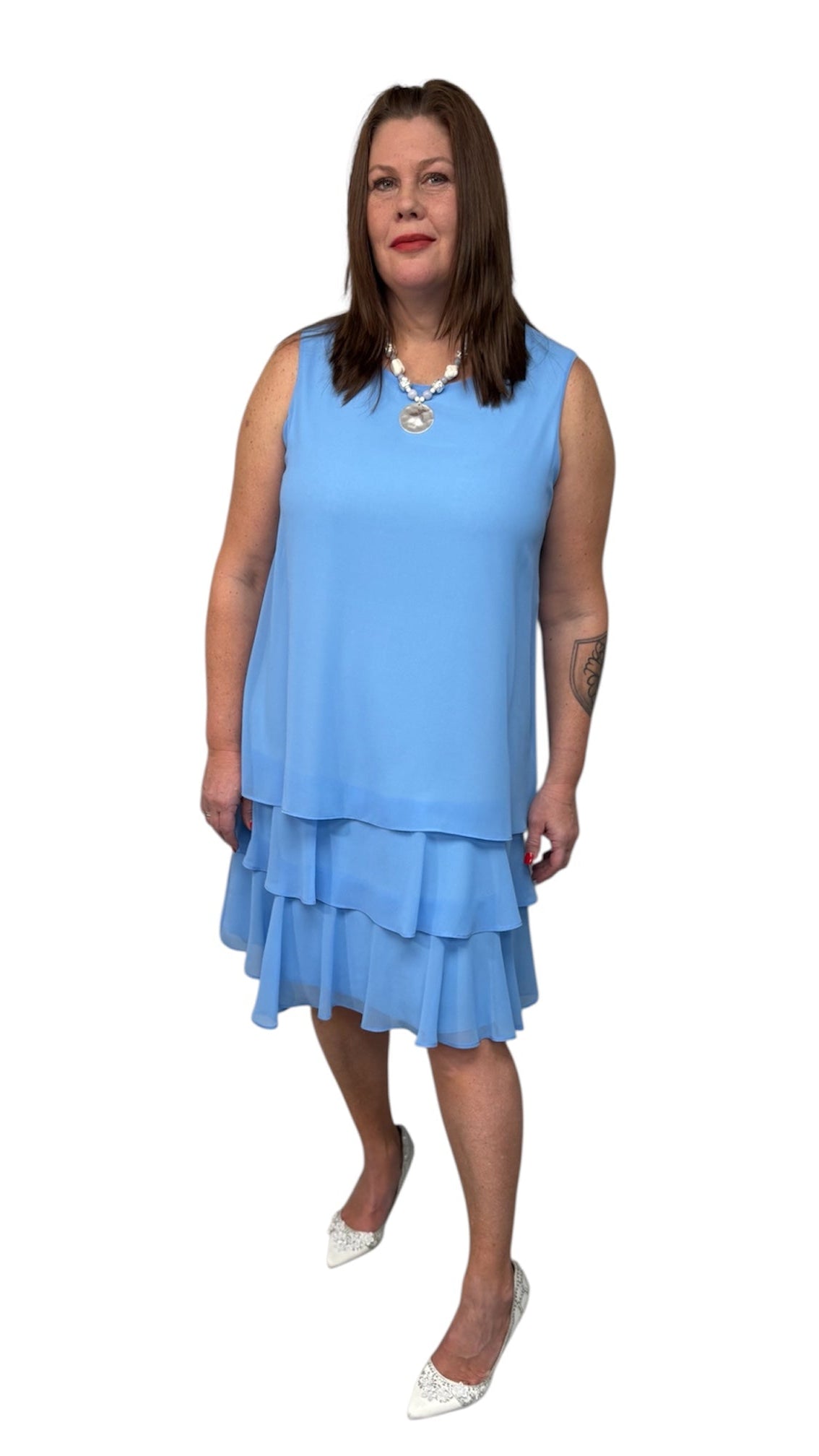 Elegant periwinkle tiered skirt dress with flowing silhouette, Canadian made by CompliK, ideal for weddings and special events