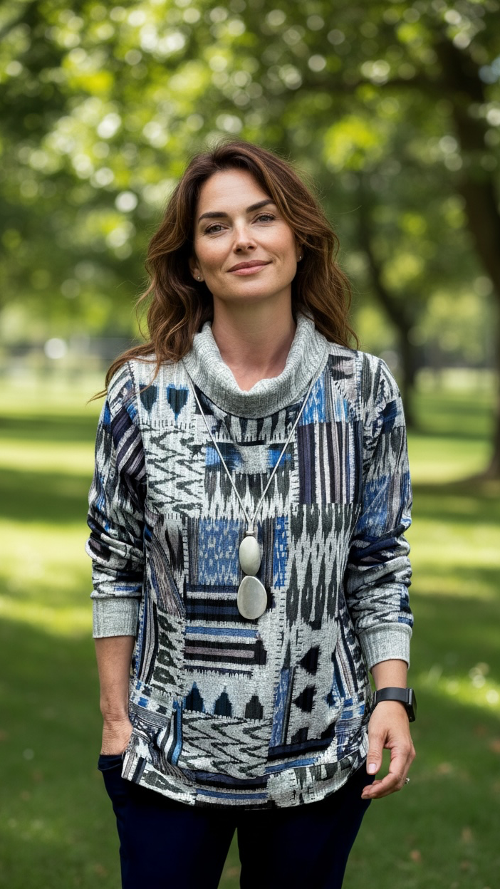 Blue abstract print cowl neck top with long sleeves for women.