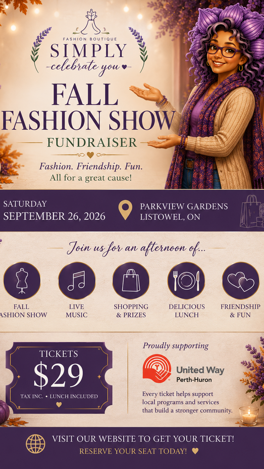 Promotional flyer for a fall fashion show fundraiser with a woman in a store, pumpkins, and autumn leaves.