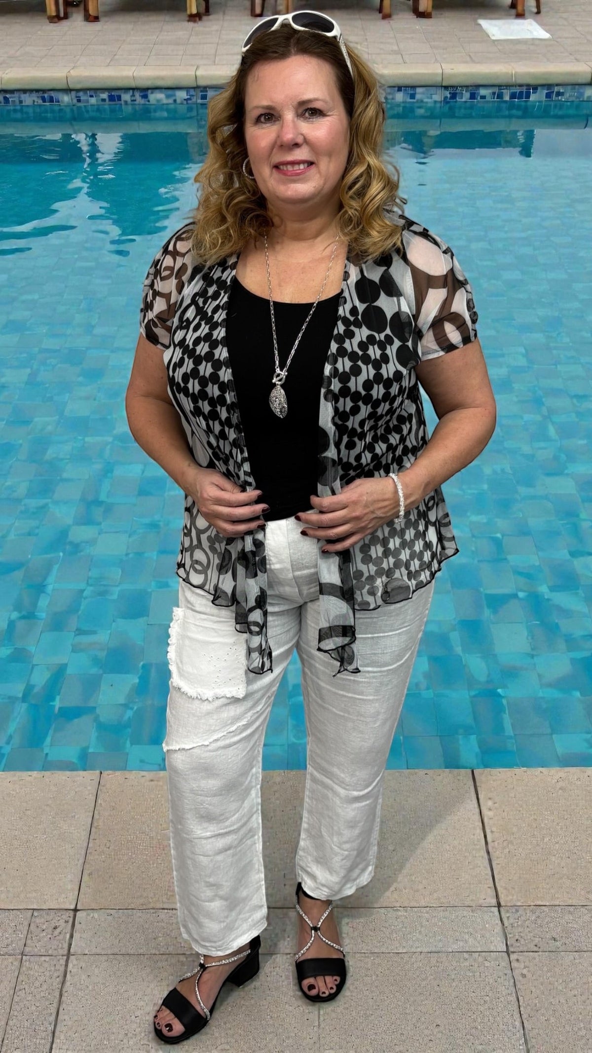 Black and white short sleeve bolero, stretchy and lightweight, perfect for effortless layering and travel