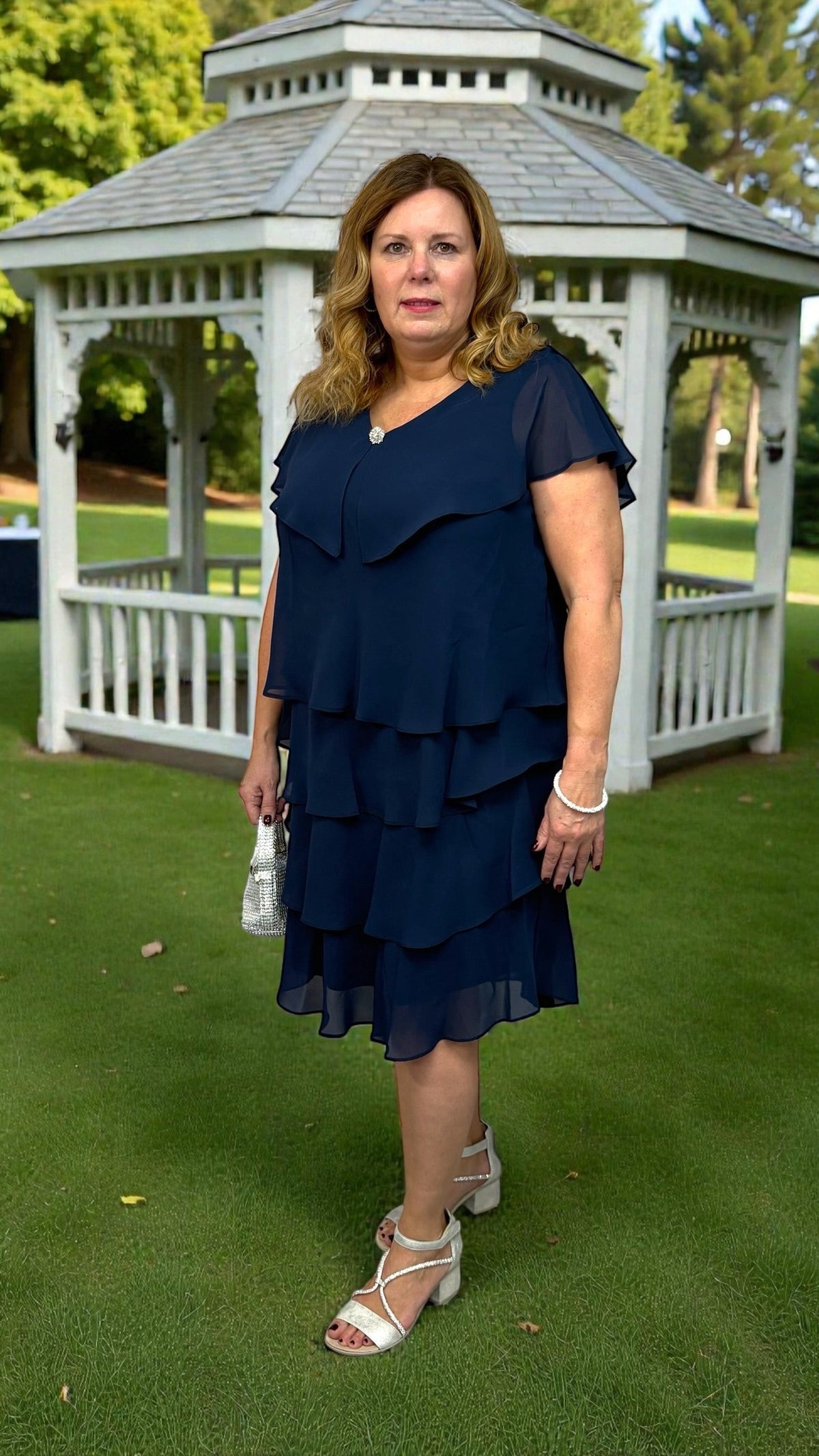 classic elegant navy short dress, made in Canada by CompliK, perfect for weddings and special occasions