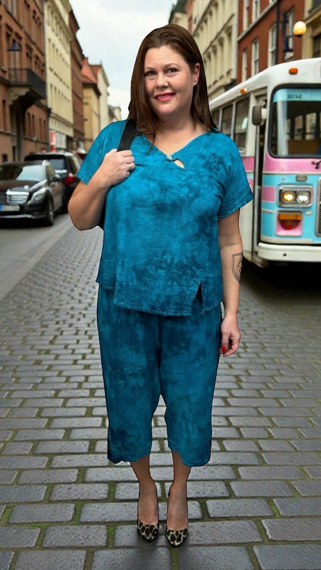 Cotton Gauze Capris – Washed Teal & Navy Mix