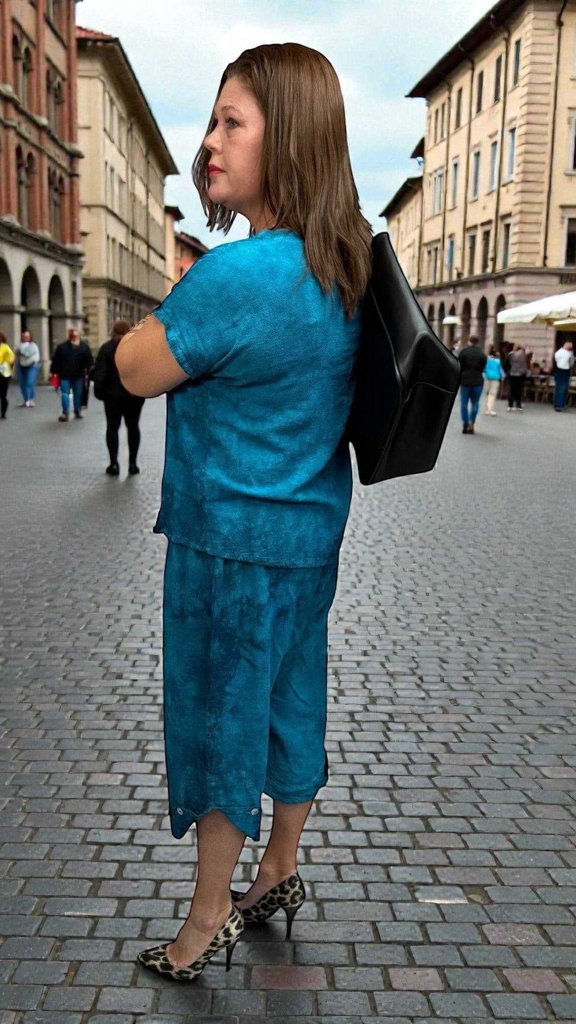 Cotton Gauze Capris – Washed Teal & Navy Mix