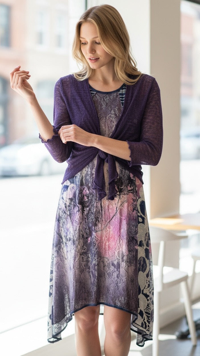 Soft purple-toned tank dress with matching plum bolero, layered for coordinated look, comfortable and flattering for evenings or special occasions