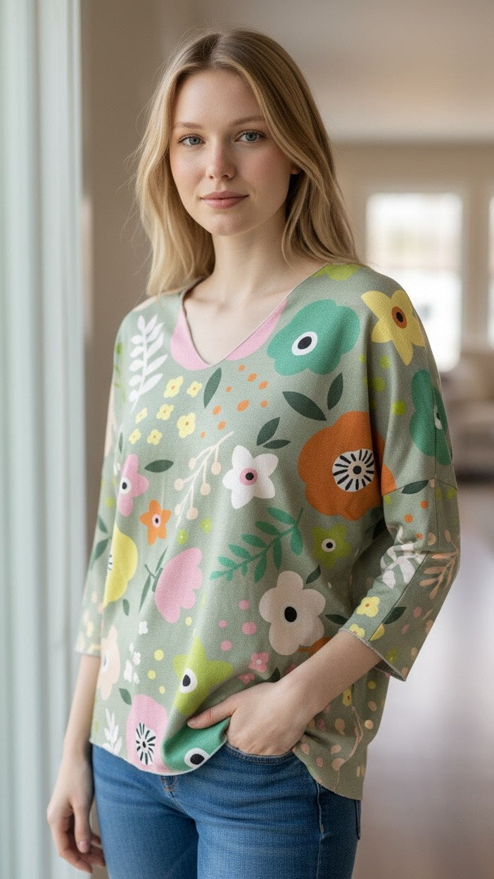 Green floral cotton shirt with 3/4 sleeves, breathable fabric, and relaxed yet polished fit for everyday wear
