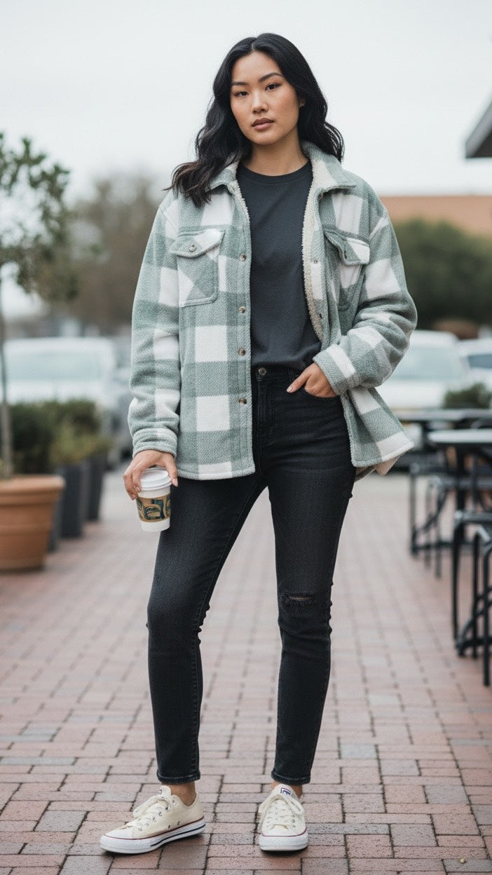 Front view of green plaid shacket with Sherpa lining and functional pockets