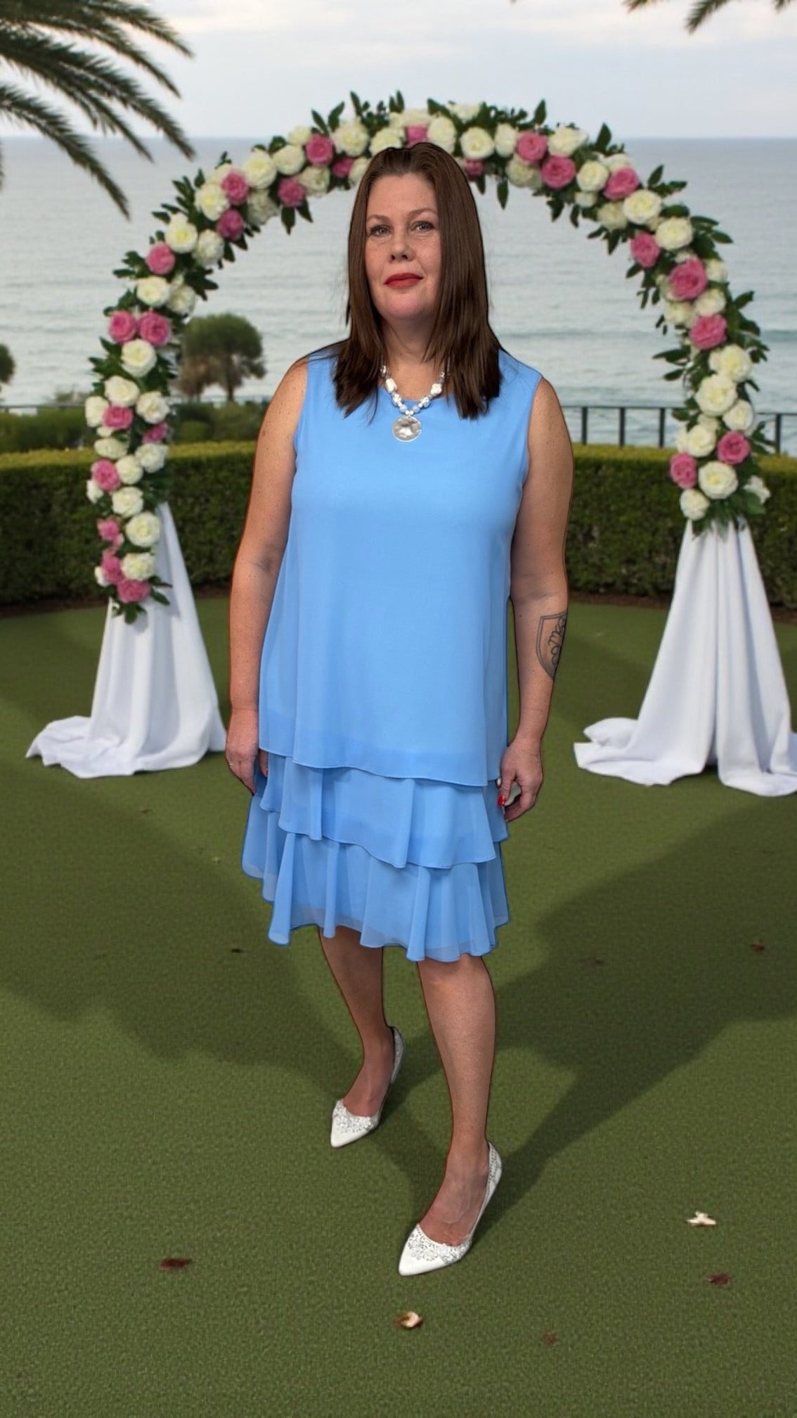 Elegant periwinkle tiered skirt dress with flowing silhouette, Canadian made by CompliK, ideal for weddings and special events