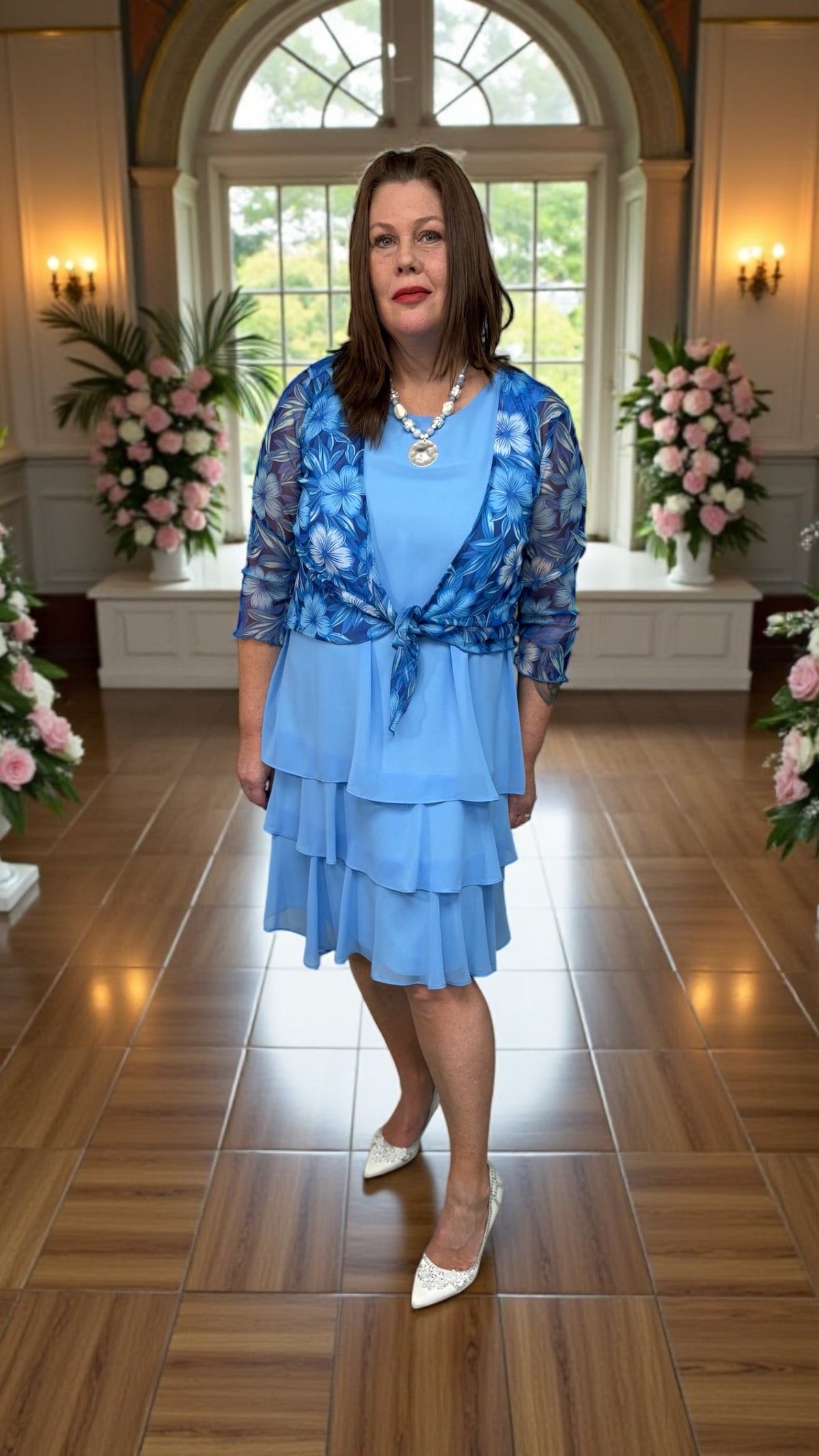 Elegant periwinkle tiered skirt dress with flowing silhouette, Canadian made by CompliK, ideal for weddings and special events