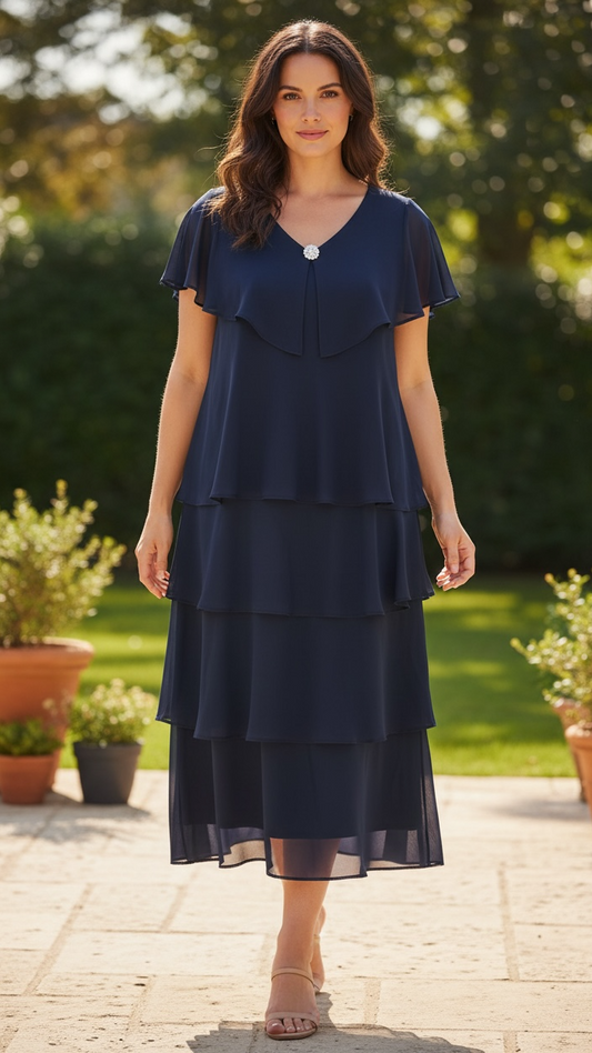 classic elegant navy short dress, made in Canada by CompliK, perfect for weddings and special occasions