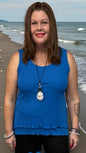 Double layered tank top by RAPZ Canada with higher neckline, side slits, and flattering full-coverage fit
