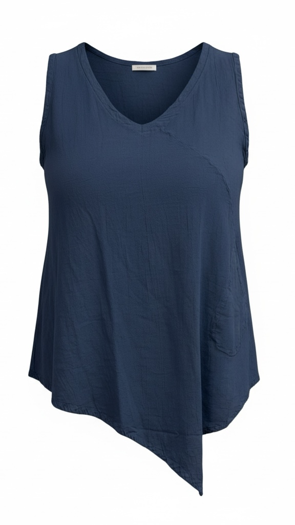 Asymmetrical cotton gauze tank top, lightweight, wrinkle-free, and breathable, perfect for effortless casual style