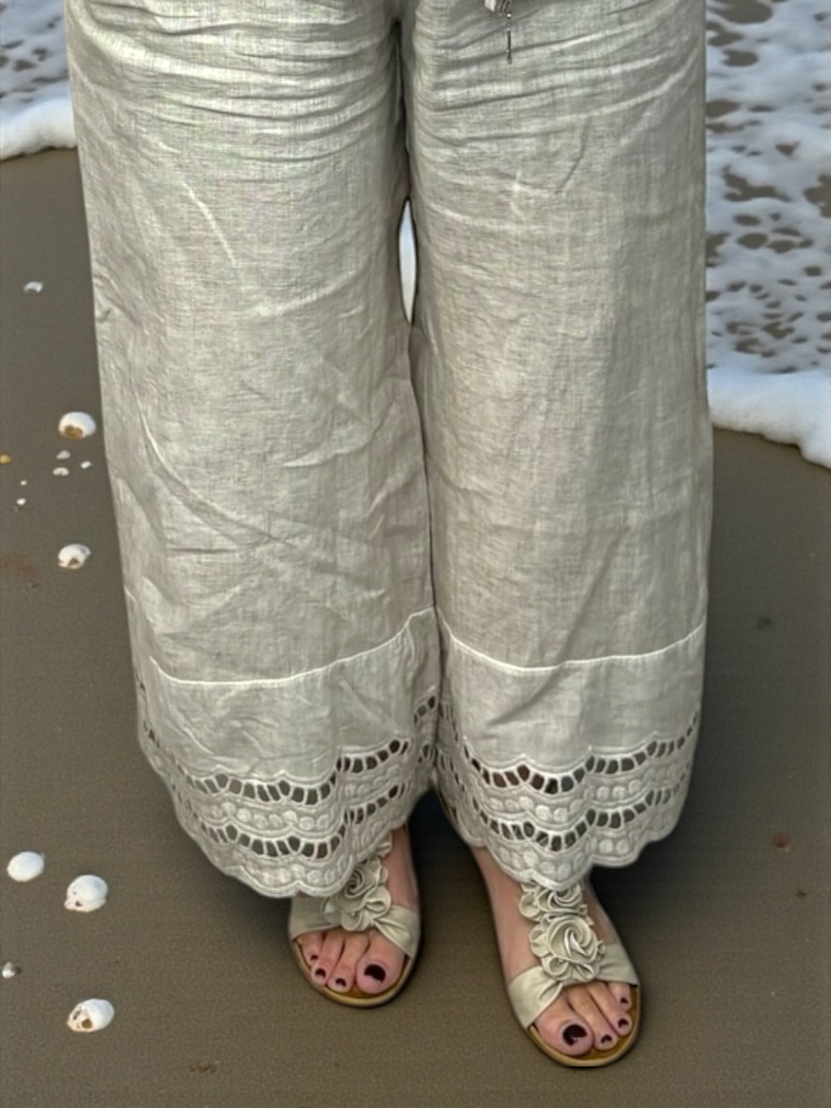 Linen Palazzo Pants with Side Pockets & Cut-Out Hem