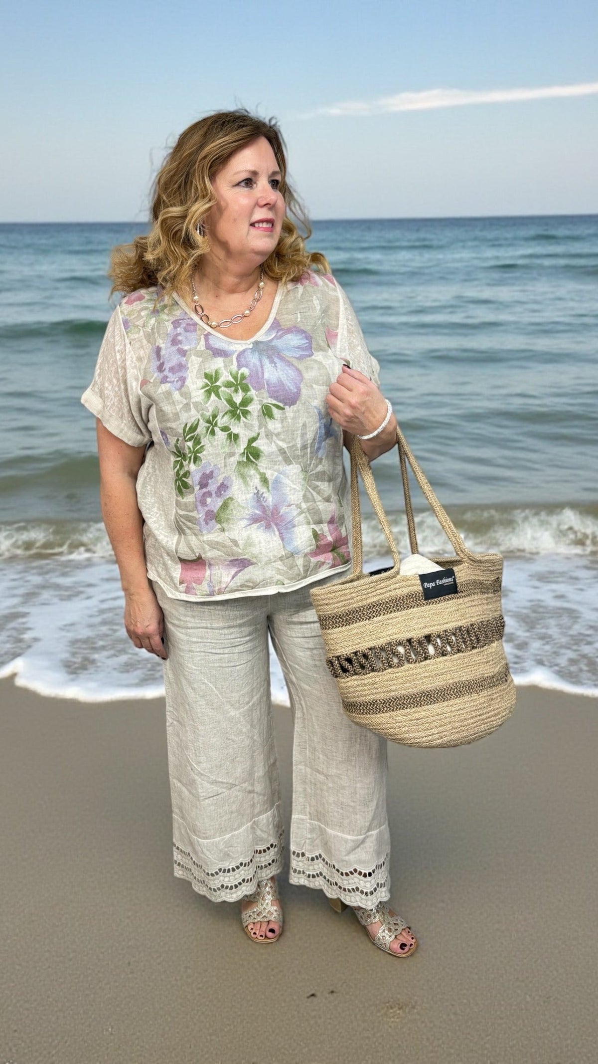 Linen Palazzo Pants with Side Pockets & Cut-Out Hem