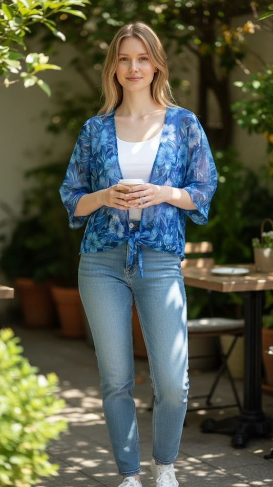 Blue Floral Stretchy Bolero Cardigan