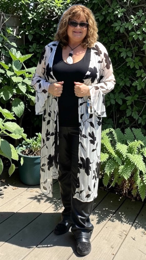 Layered Ivory & Black Floral Print Cardigan — Made in Canada