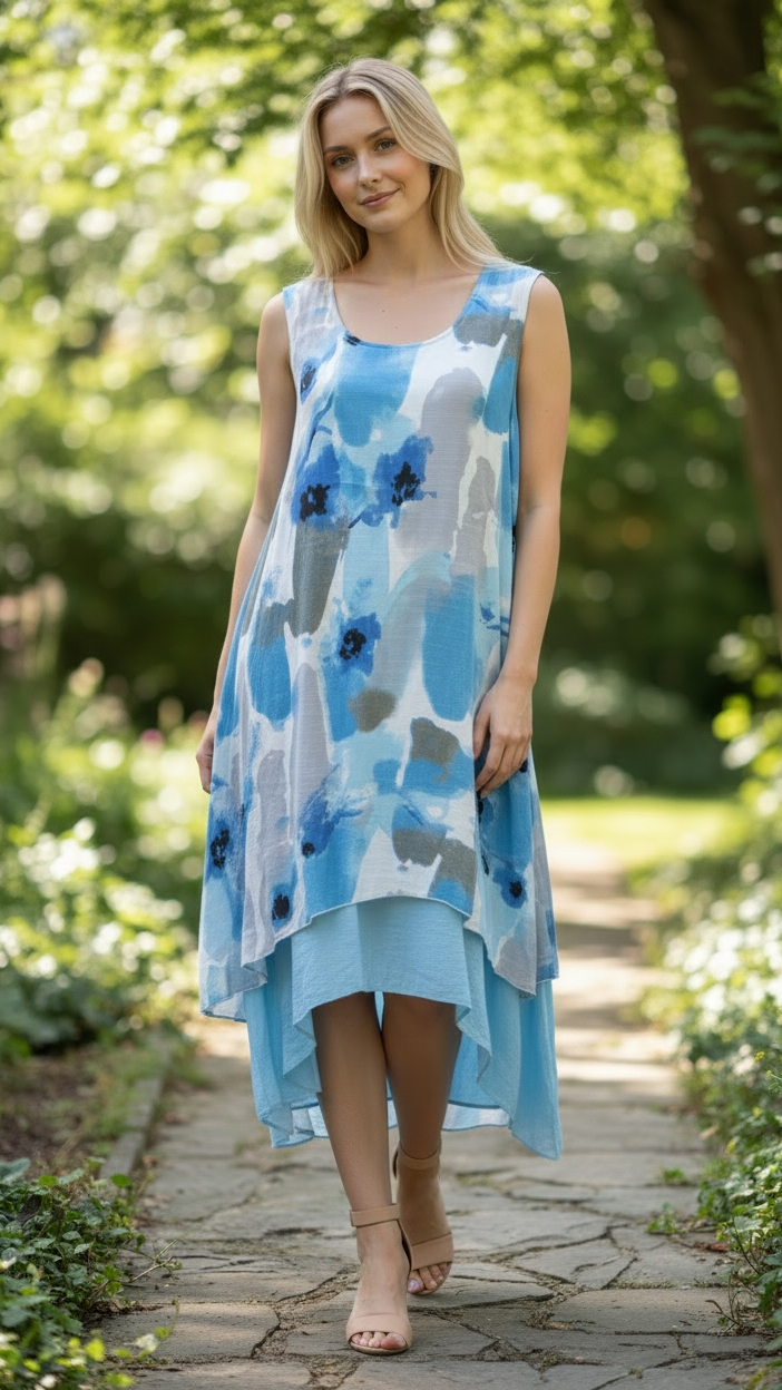 Woman wearing a blue floral dress walking on a garden path.