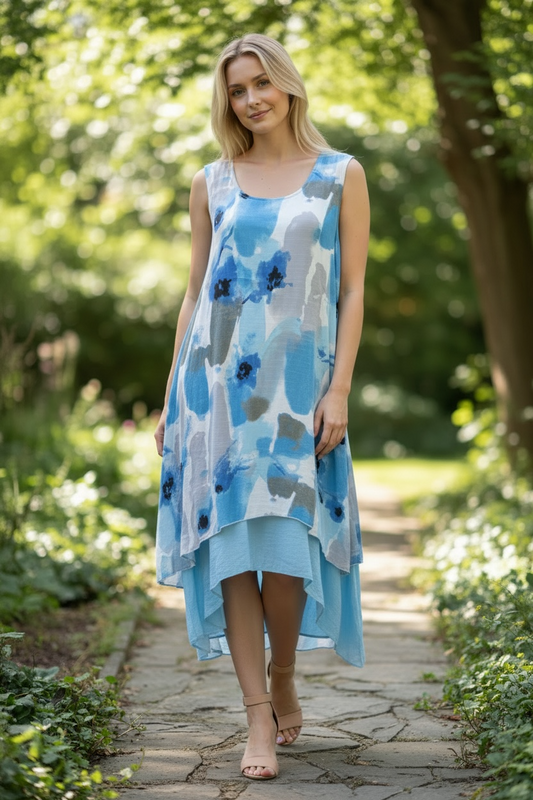 Blue Print Layered Linen Dress