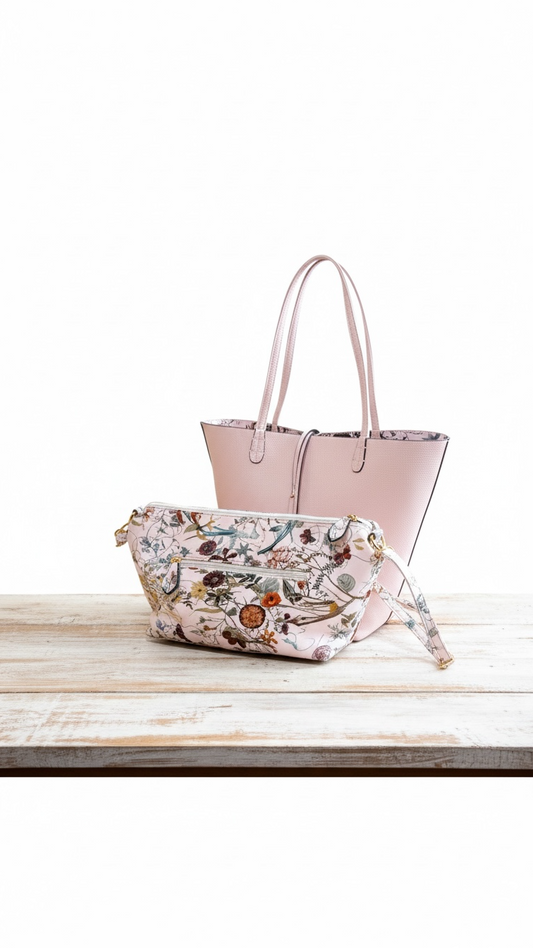 Two handbags on a wooden surface with a white background