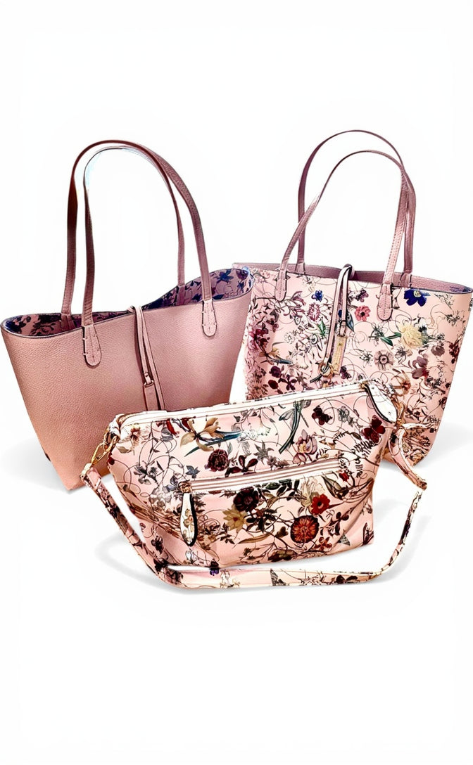 Three-in-One Convertible Tote & Crossbody Purse – Reversible Floral Vegan Leather Bag (Pink or Black)