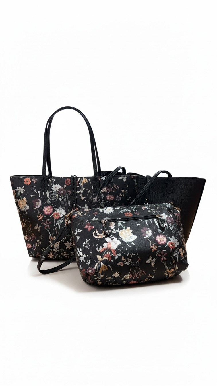 Three-in-One Convertible Tote & Crossbody Purse – Reversible Floral Vegan Leather Bag (Pink or Black)