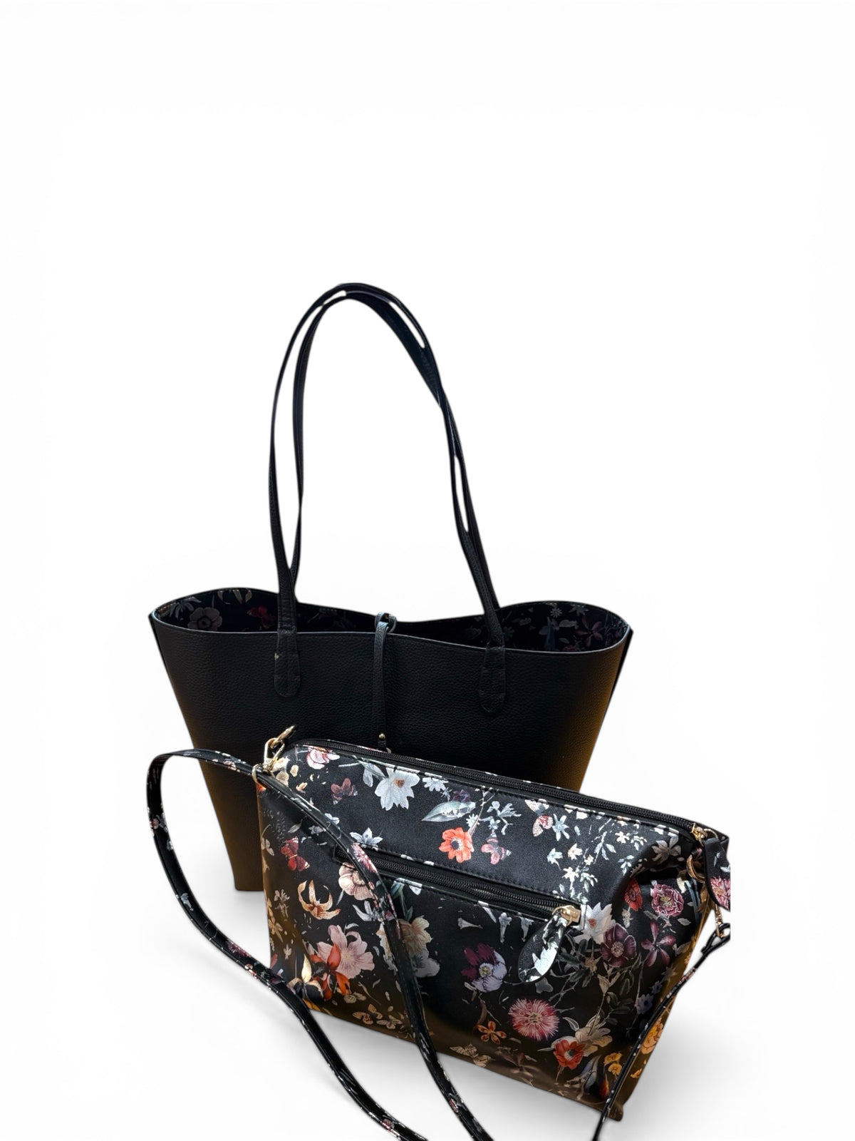 Three-in-One Convertible Tote & Crossbody Purse – Reversible Floral Vegan Leather Bag (Pink or Black)