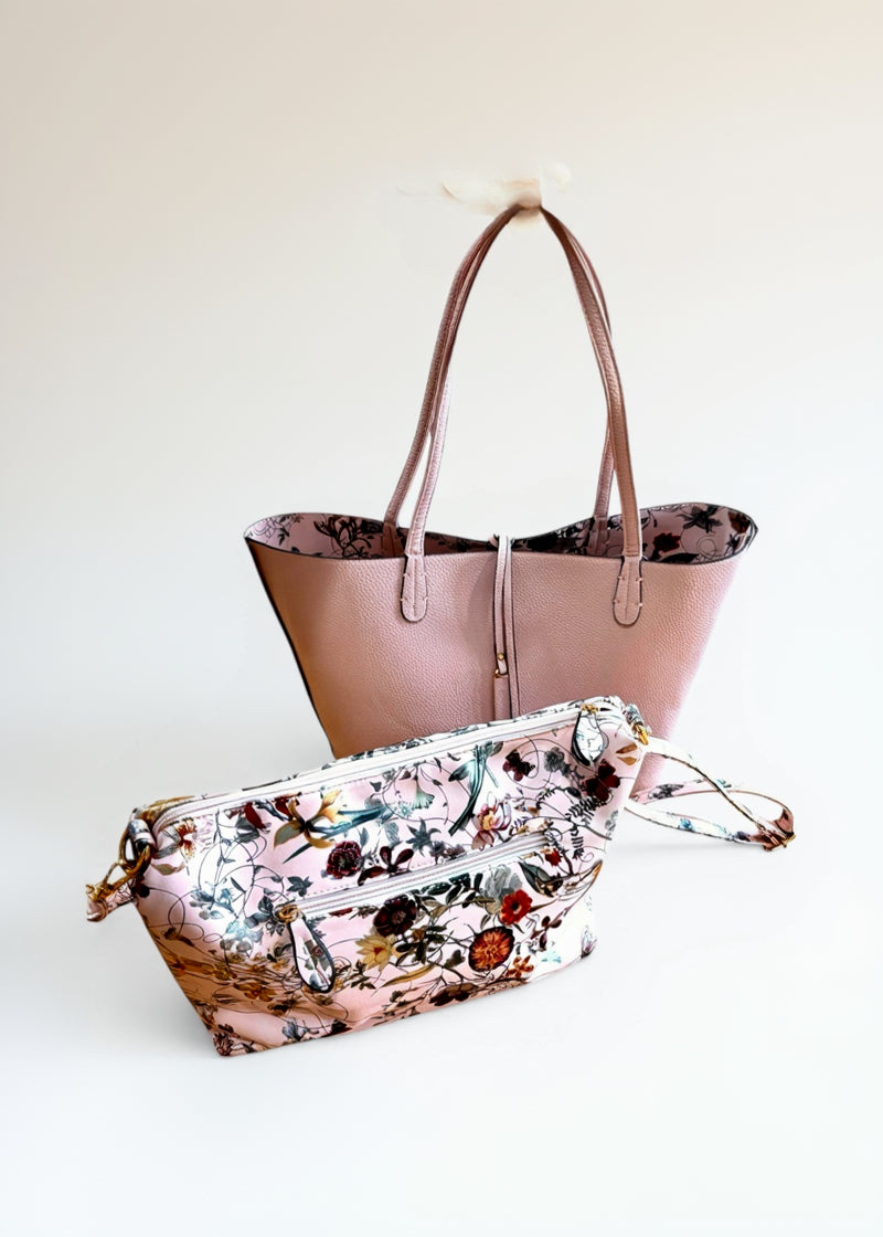 Three-in-One Convertible Tote & Crossbody Purse – Reversible Floral Vegan Leather Bag (Pink or Black)