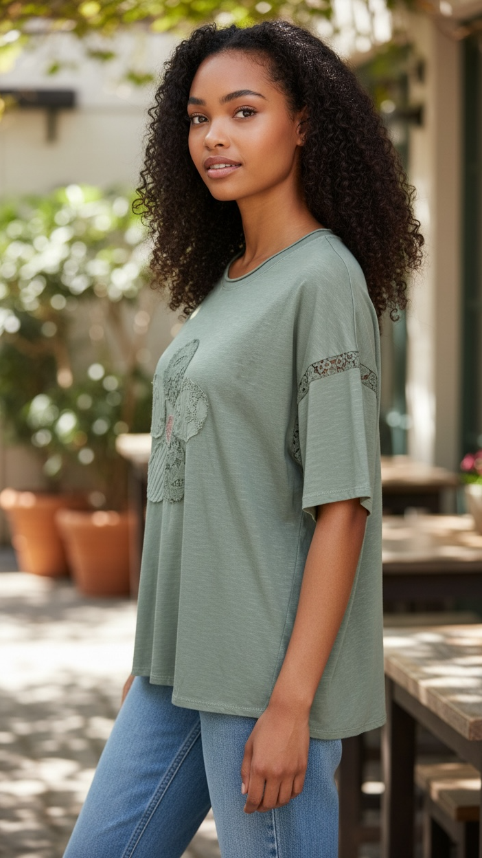 Woman wearing a green oversized t-shirt with lace details outdoors