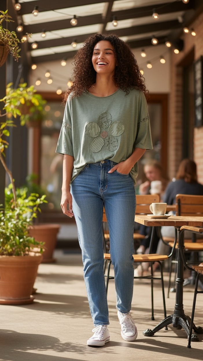 Woman walking outdoors in a casual setting with plants and tables in the background