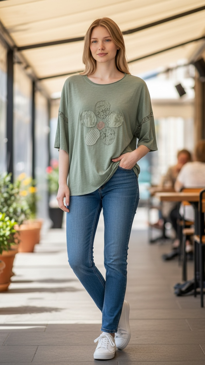 Woman wearing a green shirt and blue jeans standing on a sidewalk with outdoor seating in the background.