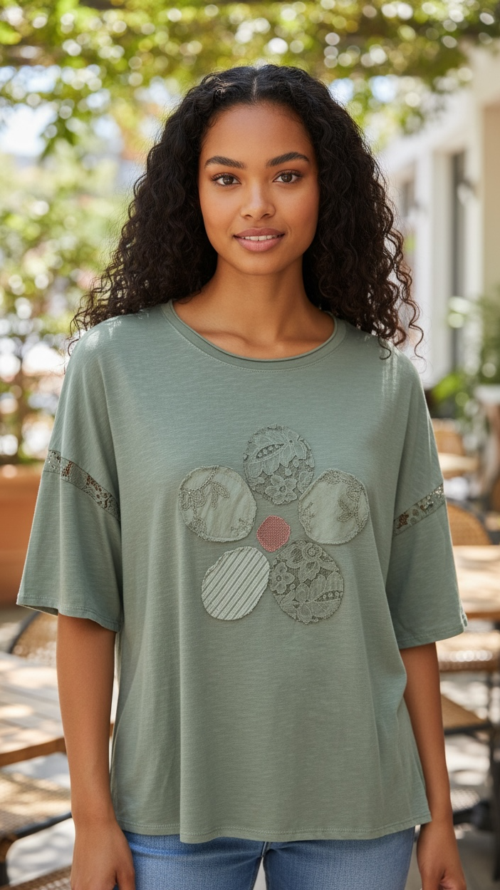 Woman wearing a green t-shirt with a floral design outdoors