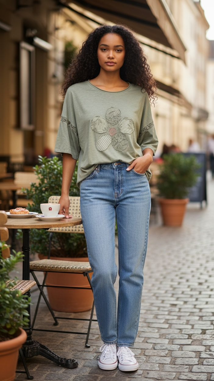 Woman standing on a street with cafes and plants in the background