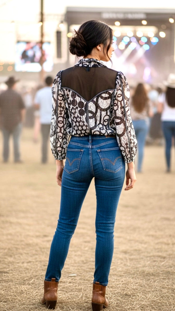 Country Chic Lace Mesh Shirt – Black & White Edition