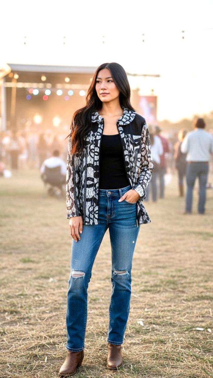 Country Chic Lace Mesh Shirt – Black & White Edition