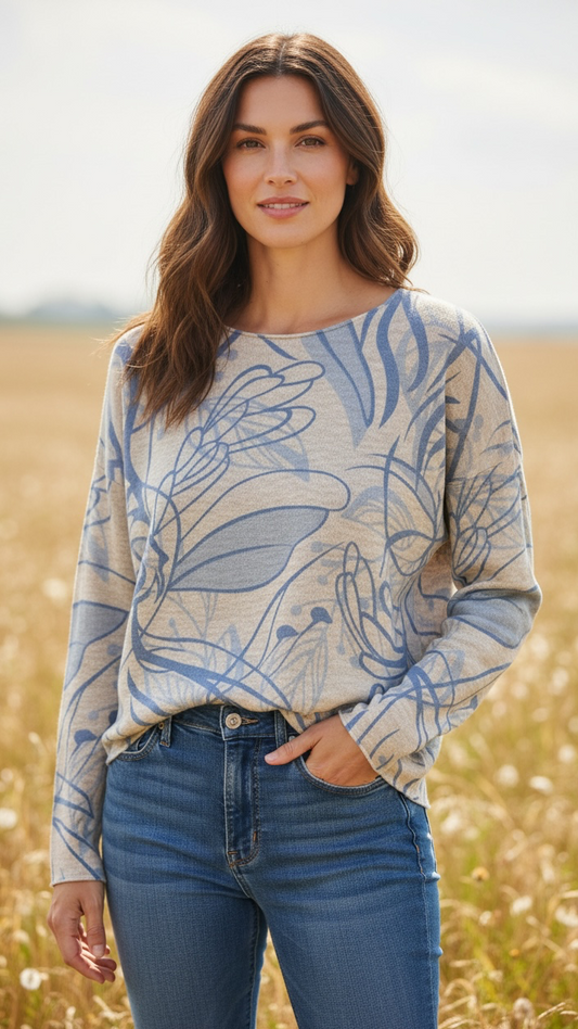 Women's ivory and blue knit sweater in swirl print laid flat showing lightweight knit texture and relaxed fit