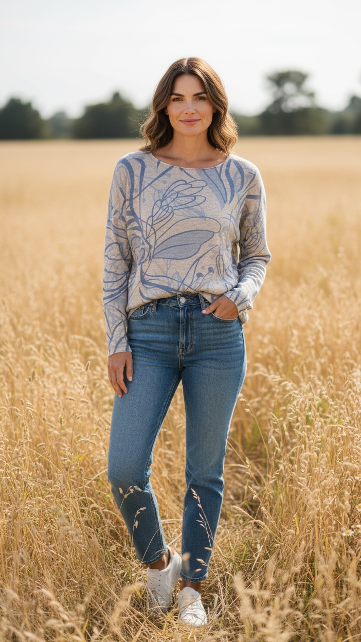 Close-up of ivory and blue swirl print knit fabric showing soft acrylic polyamide wool blend texture