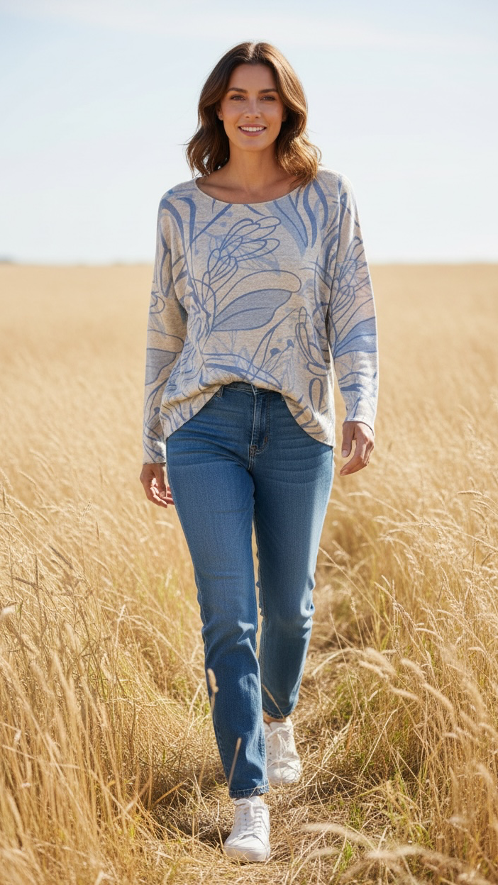 Casual pullover sweater styled with dark jeans for everyday autumn wear, showing drape and sleeve length