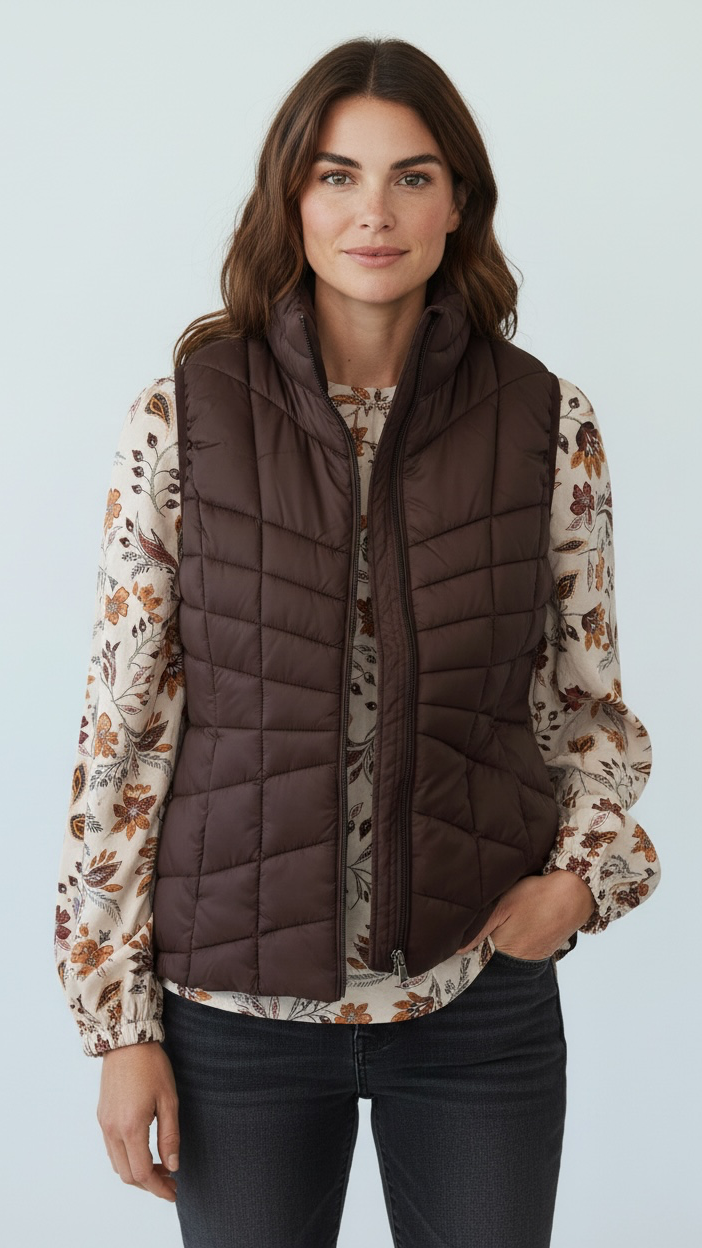 Close-up of quilted stitching and nylon shell construction on chocolate brown puffer vest