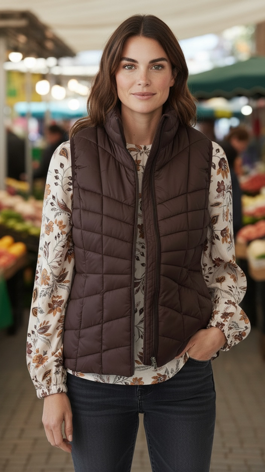 Women's brown puffer vest in chocolate brown with quilted nylon shell and slim-fitting silhouette