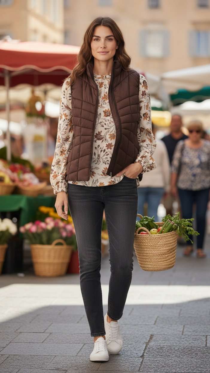 Lightweight brown puffer vest layered over long-sleeve top for fall weather versatility and warmth
