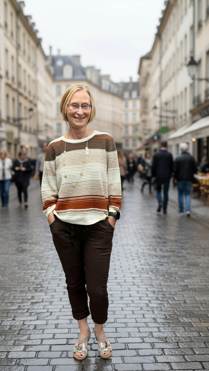 A woman stands on a cobblestone street wearing a cream, brown, and rust striped knit sweater, dark brown cropped pants, and flat sandals. The background shows a blurred city street with buildings and pedestrians.