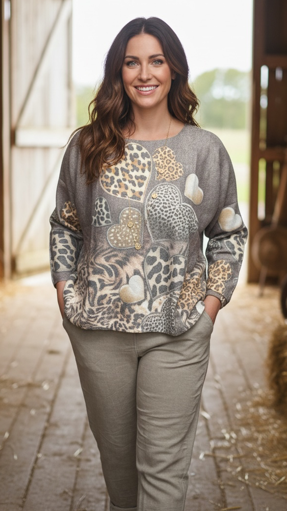 A woman stands in a barn doorway wearing a long-sleeve crewneck top with a mixed animal print pattern in beige, brown, black, and white, paired with light olive green pants.