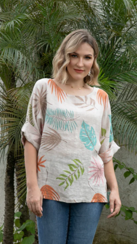 Beige leaf print linen top with adjustable 3/4 sleeves, breathable fabric, and relaxed fit for polished everyday wear