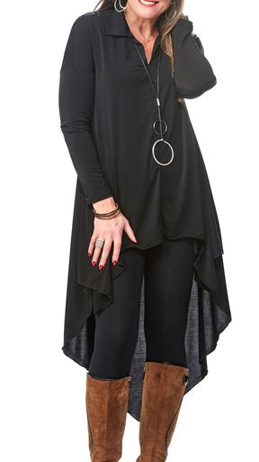Black high-low collared tunic with flowing hemline, soft stretchy fabric, and wrinkle-resistant material, versatile for casual or formal wear
