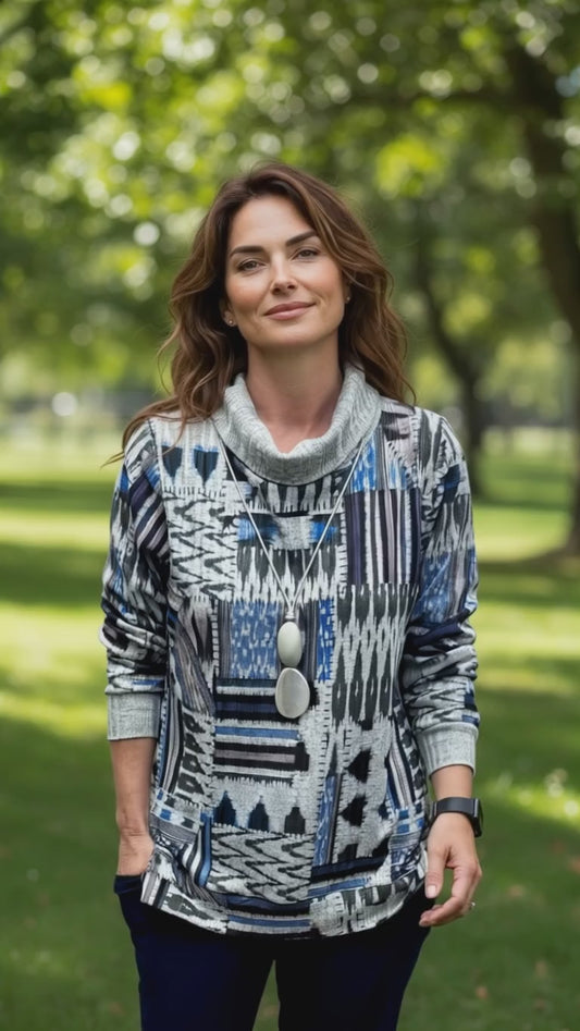 Blue Abstract Cowl Neck Top